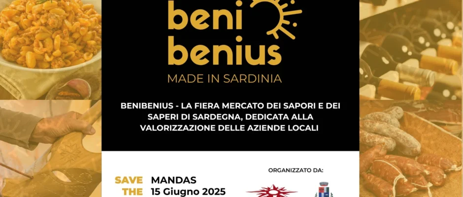 Logo Beni Benius con scritta data 15 giugno 2025– Mandas, fiera mercato dei sapori e saperi sardi