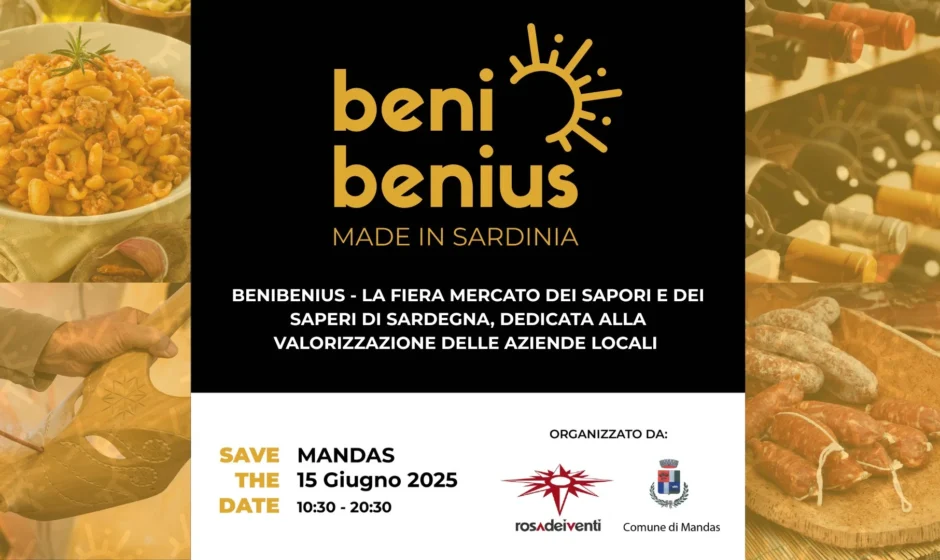 Logo Beni Benius con scritta data 15 giugno 2025– Mandas, fiera mercato dei sapori e saperi sardi