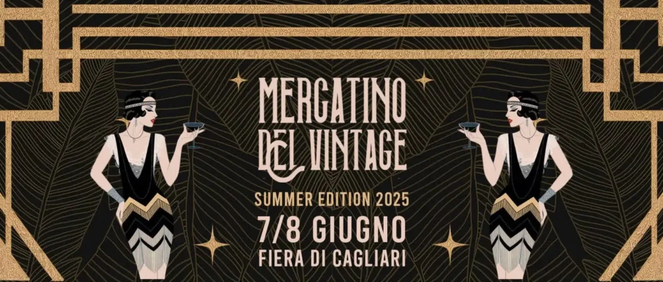 Locandina del Mercatino del Vintage Cagliari 2025 – Summer Edition, con date 7 e 8 giugno, presso la Fiera di Cagliari, Padiglione I.