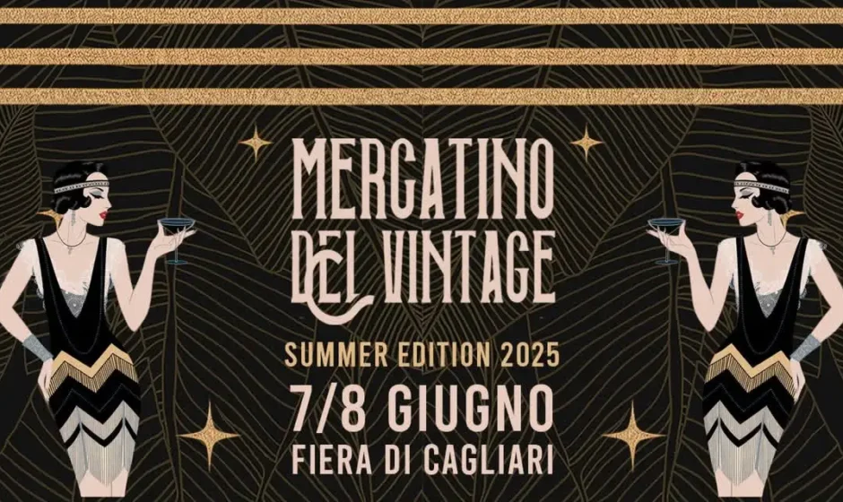 Locandina del Mercatino del Vintage Cagliari 2025 – Summer Edition, con date 7 e 8 giugno, presso la Fiera di Cagliari, Padiglione I.