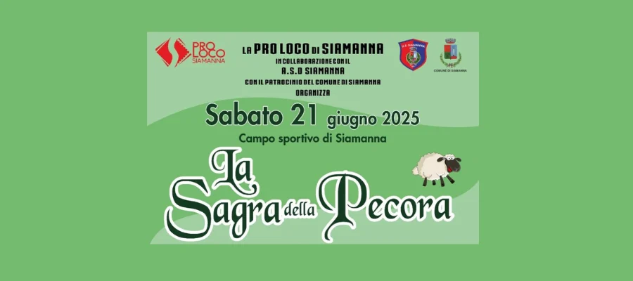 Locandina ufficiale della Sagra della Pecora a Siamanna 2025 con programma, partner e dettagli dell’evento