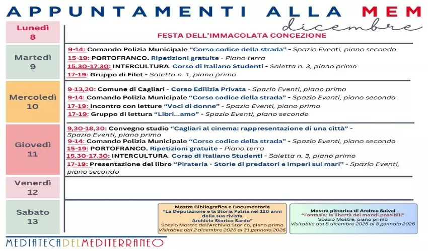 Mem Cagliari – Appuntamenti della prossima settimana